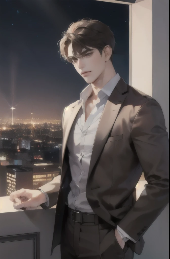 (modern, Ultra-clear, Super detailed), (1 male, the only person, AS-Adult, Mature:1.4, age:1.4, young, tall muscular man, Handsome), very short hair, black hair color hair, hair oil, brown eyes,(Pointed chin:1.4,thick neck:1.4,),night,dark,Look at night view of the city through the large window,brown suit,Luxury,