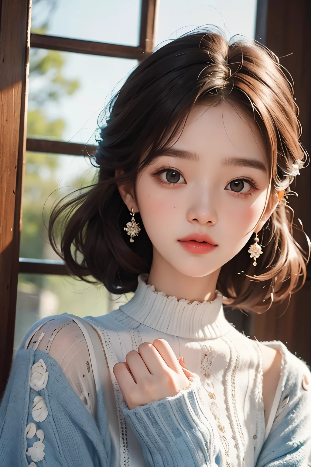 masterpiece, best quality, 8 thousand, 24 years old, photo beast, absurd, award-winning portraits, pure, korean beauty, spring, A colorful and stylish room, laces, cute, right, healthy, Beloved, perfect hands, Innocent Girl, fluttering hair, Random Actions, 무작위 clothes, (clothes:random multi color), Popular hairstyles in Korea,