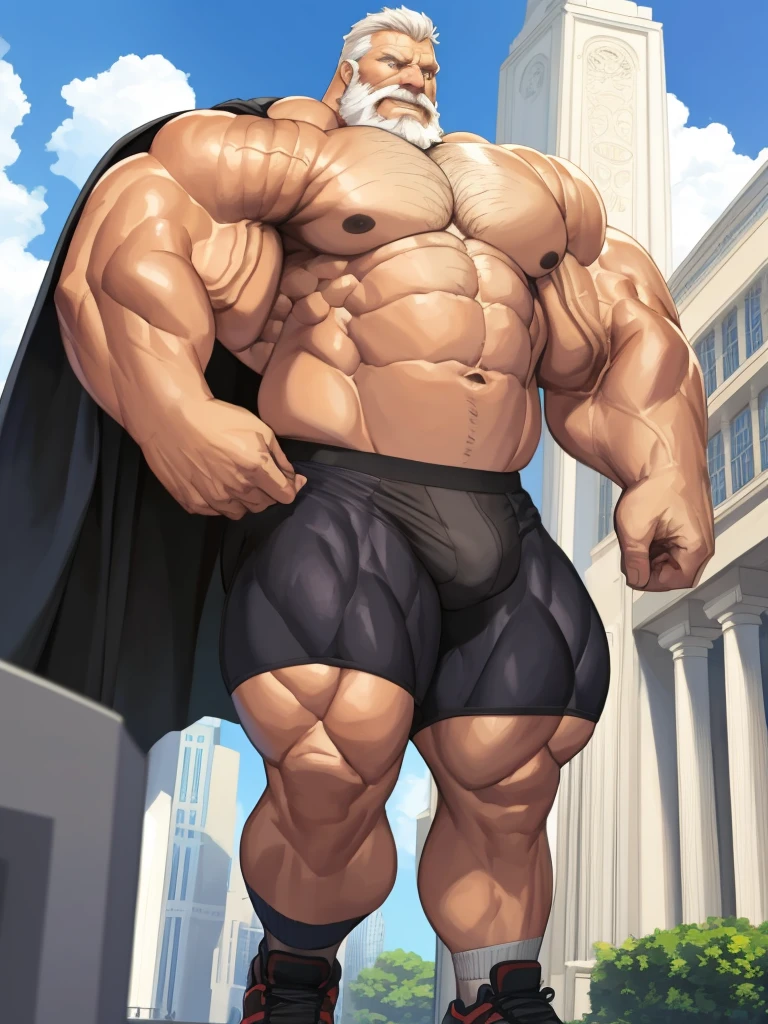 Wide medium shots, ground level camera shot, (best quality, 4k,8k, highres, masterpiece:1.2), ultra-d etailed, (realistic,photorealistic,photo-realistic:1.37).,((hyper muscular)) old man showing strong muscle in podium, black underpants , hyper muscle, hyper pectoral, hyper bicep, hyper arms, bulge, white and short hair, super thick arms, super big pectoral, super wide pectoral, topless, shirtless.