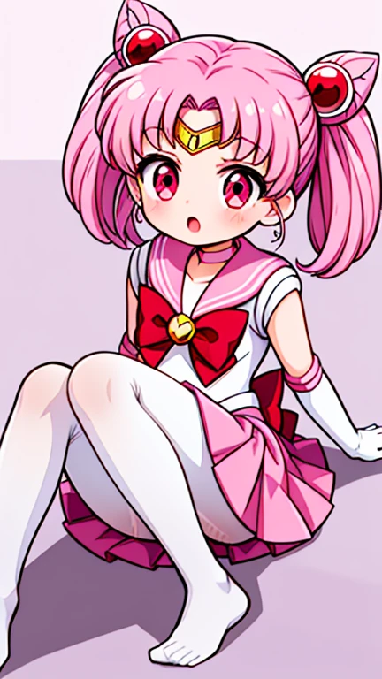 Sailor Moon,childhood,Young,Seven years old,Cute little ,Pink hair twintails,red eyes,short hair,Sailor suit,bow tie,White elbow gloves,Red Skirt,lie down,no shoes,Open your mouth,white pantyhose,white pantyhose