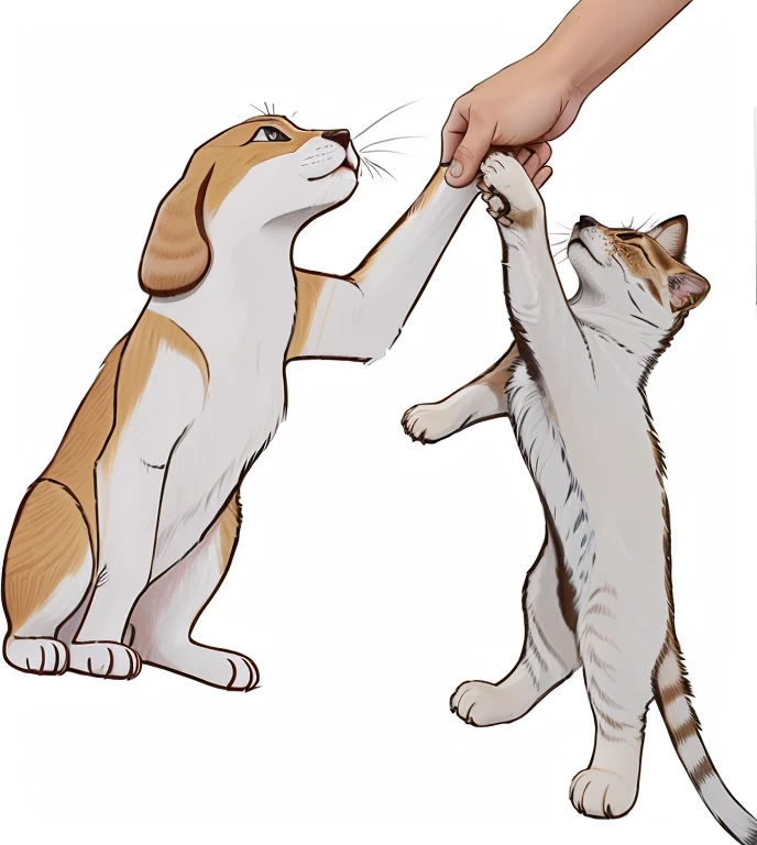 um gato e um cachorro dando a pata para o dono, cachorro com pata cinza e corpo amarelo e gato cinza