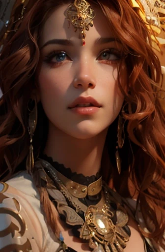 Create an image of a young woman, approximately 27 years old, presented as a superior entity or goddess from a tribal culture. The focus should be on the face, in close-up, captured at a specific oblique angle. She has light red, medium-length, slightly curly hair, adorned with delicate tribal-style tattoos that stretch across her face and neck. Furthermore, she must be adorned with tribal adornments, such as necklaces, earrings or crowns, highlighting her divine position. Her eyebrows should be finely shaped, and her eyes should be almond-shaped, light brown, expressive and medium in size. Her nose is delicate and slightly upturned, with discreet nostrils. Her lips are pink and slightly plump, showing a gentle and welcoming smile, with a subtle shine on her teeth. Her skin is clear and luminous, with a flawless, naturally radiant complexion. The expression on her face is majestic and confident, conveying a sense of power and wisdom, with a direct and engaging look. Please ensure that the generated image captures her full divinity and captivating personality, with accurate and realistic details in her physiognomy, facial expression and tribal adornments."