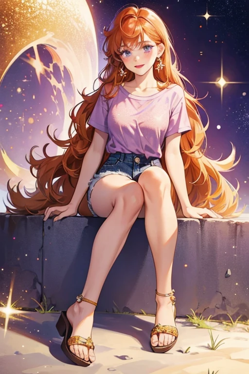 master part, high, high quality, detailed face, Detailed body, full body, slim body, nude, 1girl, solo, kushina Uzumaki, nude shoulders, large breasts, necklace, bracelet, standing, sitting, happy, blushes, night, space, nebula, moon and stars, galaxy