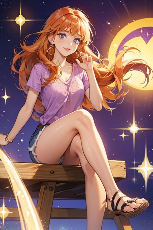 She has medium-length, fluffy, ginger hair and freckles. She is seen wearing lipstick, pearl earrings, a purple shirt, denim shorts and tan sandals. SPARKLE; GLITTER