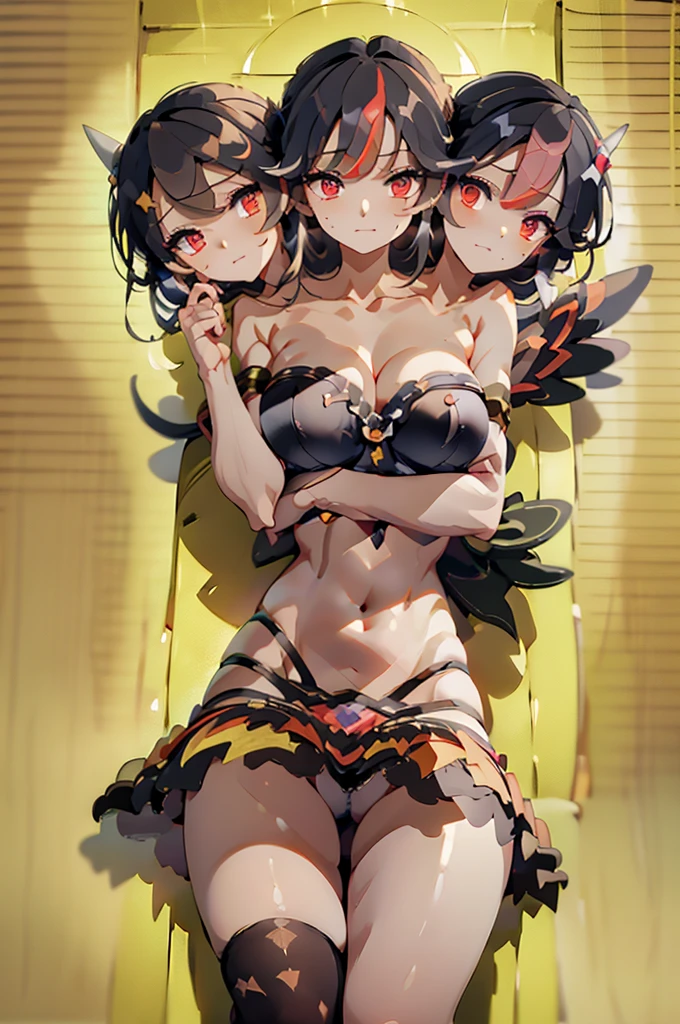 (masterpiece, best quality), best quality, (ultra-detailed), (3heads:1.5), 1girl, (seija kijin:1.3), masterpiece, best quality, ultra quality, ultra resolution, ultra detail, white top, crop top, ((stomach)), midriff, ((groin)), white skirt, frilled skirt, miniskirt, ends in gray, red, and black spade patterns, normal ears, shackles, black hair with white highlights, very long hair, wavy hair, sidelocks, red eyes, parted lips, very detailed eyes, sweat, cute, toned belly, hand on own chest, eyelashes, (24 year old woman:1.3), (masterpiece:1.5), (best quality:1.5), (beautiful detailed), extremely detailed CG, extremely delicate and beautiful, depth of field, (finely detailed face), (perfect details:1.3), (mature female:1.3), wide pelvis, slender, large veiny breast, 16k resolution, highres, high quality, high definition, extremely detailed, masterpiece, black hair with white highlights, long hair, alluring presence, twin braid, short skirt, close up, big tits, young, two small, light blue horns, nsfw,