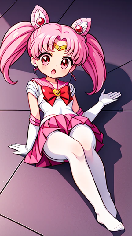 Sailor Moon,childhood,Young,Seven years old,Cute little loli,Pink hair twintails,red eyes,short hair,Sailor suit,bow tie,White elbow gloves,Red Skirt,lying down,no shoes,Open your mouth,white pantyhose,white pantyhose
