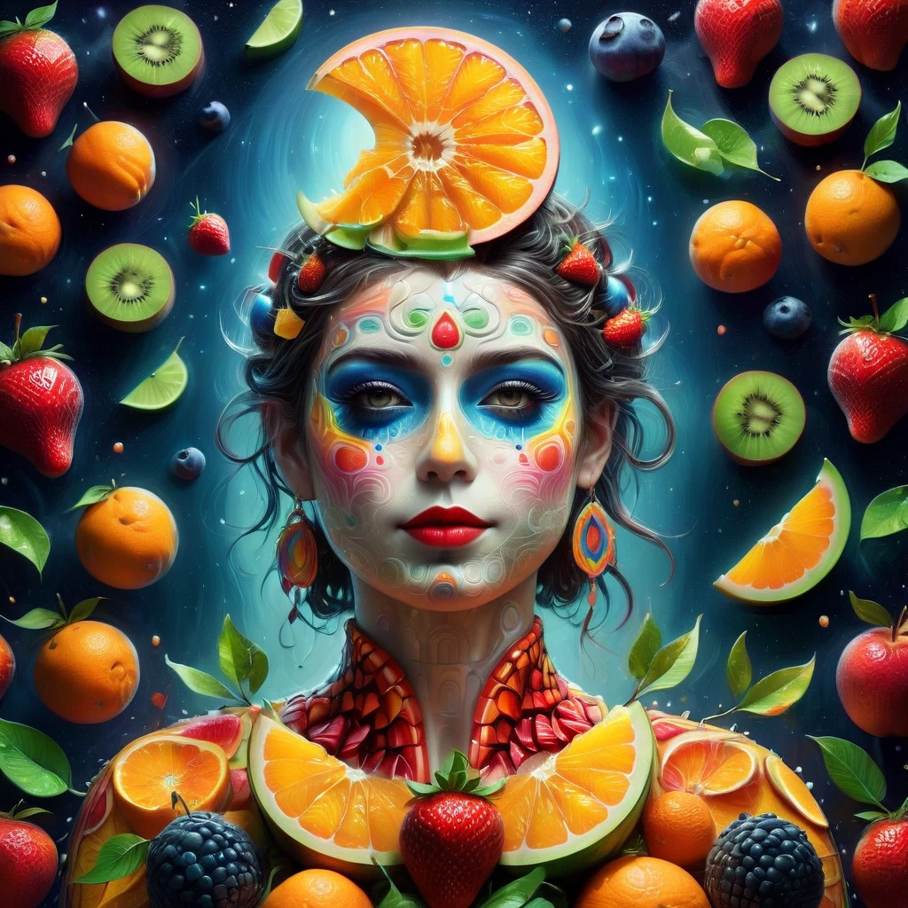 Imaginative depictions of characters made entirely of fruit pulp，The character is standing upright in a casual pose，Maybe one hand holding an apple，Body made of orange，watermelon，kiwi，Strawberries and other colorful fruit slices，A rainbow-like mosaic effect，The face is detailed and expressive，Elegantly shaped with tangerine peel and blueberry eyes，(The background depicts a convenience store at midnight:1.8)，(Bathed in the grey fog of the quiet night), (master level:1.2), Super details, Realistic, (Photorealism:1.3), first-person view, UHD, masterpiece, ccurate, anatomically correct, super detail, best quality, 8k