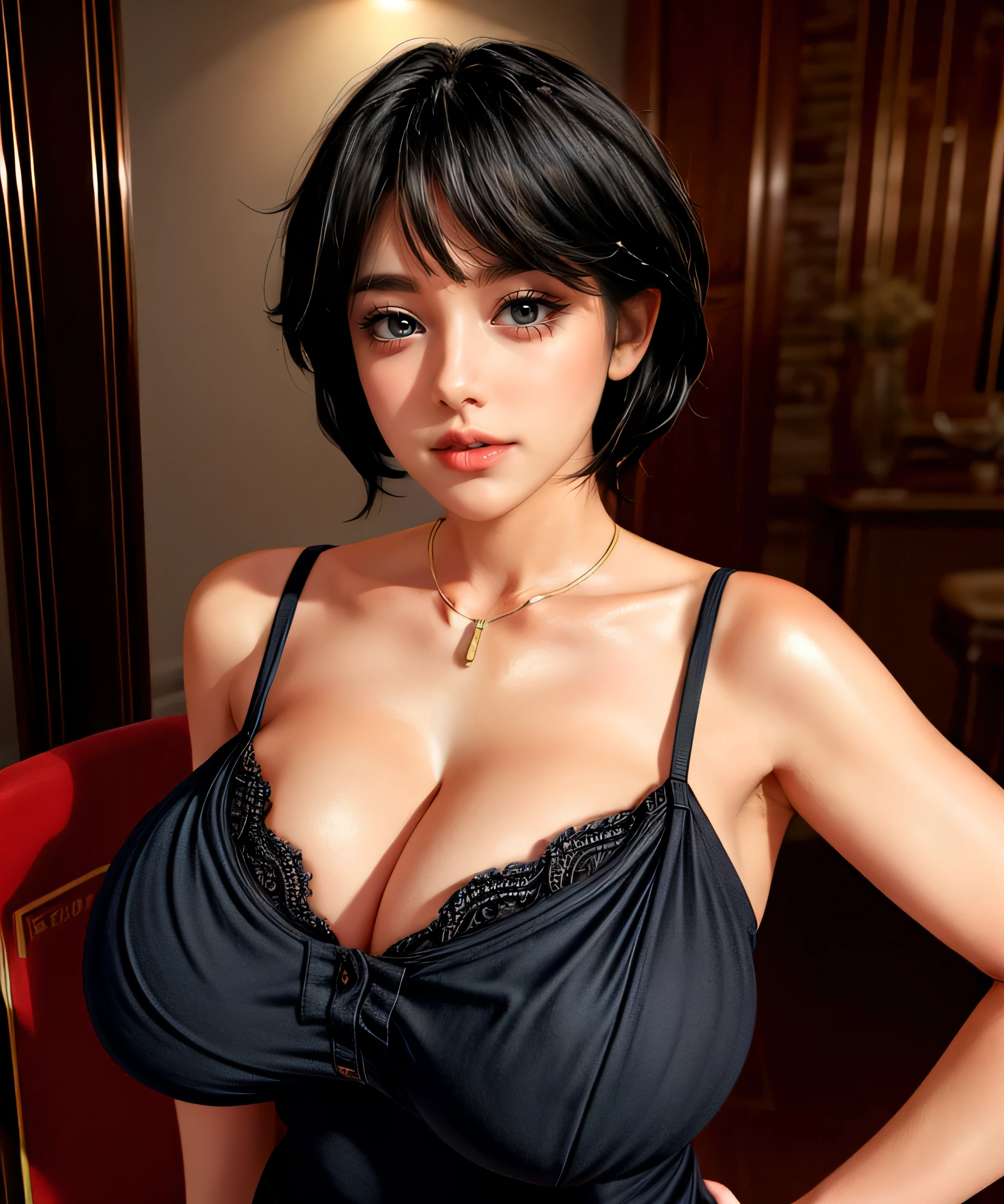 posing sexy(((whole body)))Room of Love, ((Very Intense Makeup)), smiling, ((red lipstick)), ((woman in makeup)), short hair, black hair,((huge breasts,)), cleavage,)))((35 year old mature woman))((huge breasts)), extremely realistic female eye,((ojos azules))((solamente))),cuerpo perfecto,manos perfectas,cara perfecta,rostro perfecto, iperrealista, Leeds Nikon D850 Film Stock Photo 4 | Kodak Portra 400 Camera F1.6 Lens, Rich colors Ultra realistic, Realistic textures, Dramatic lighting, Unreal Engine, Trending at Art Station CineStill,
