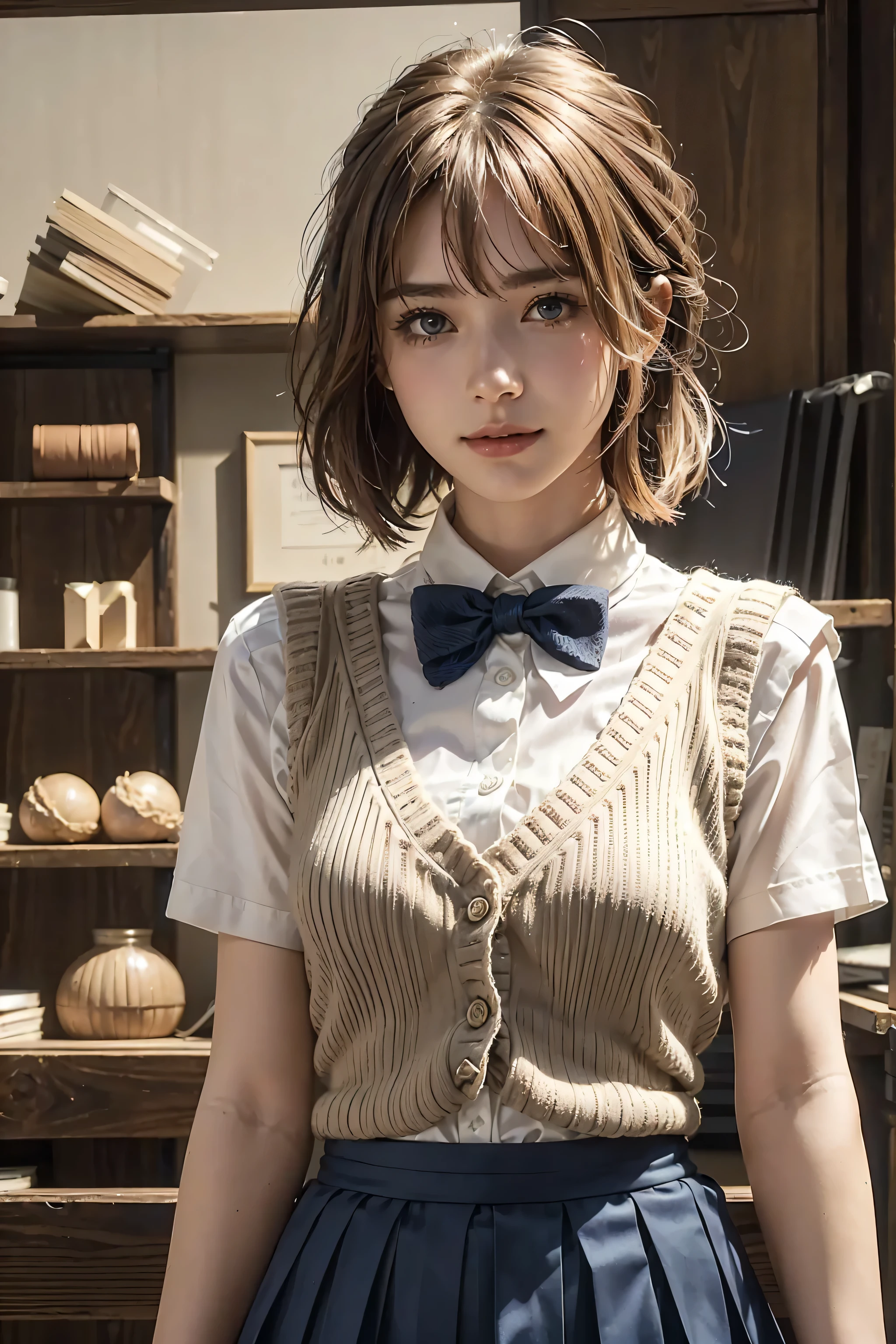 (masterpiece:1.2, highest quality), (realistic, photorealistic:1.4), beautiful illustrations, (natural side lighting, movie lighting), Depth of written boundary,
looking at the viewer, (face focus, Upper body), Front view, 1 girl, English, high school girl, 15 years old, perfect face, Cute symmetrical face, shiny skin,
(bob hair:1.7,blonde), asymmetrical bangs, Big eyes, droopy eyes, long eyelashes chest), thin,
beautiful hair, beautiful face, fine and beautiful eyes, beautiful clavicle, beautiful body, beautiful breasts, beautiful thighs, beautiful feet, beautiful fingers,
((fine fabric texture, Brown knitted vest, short sleeve white collar shirt, navy pleated skirt, Navy bow tie)),
(beautiful scenery), evening, (Inside the flower shop), Are standing, (smile, Upper grade, open your mouth), (((skirt lift, I can see your panties)))