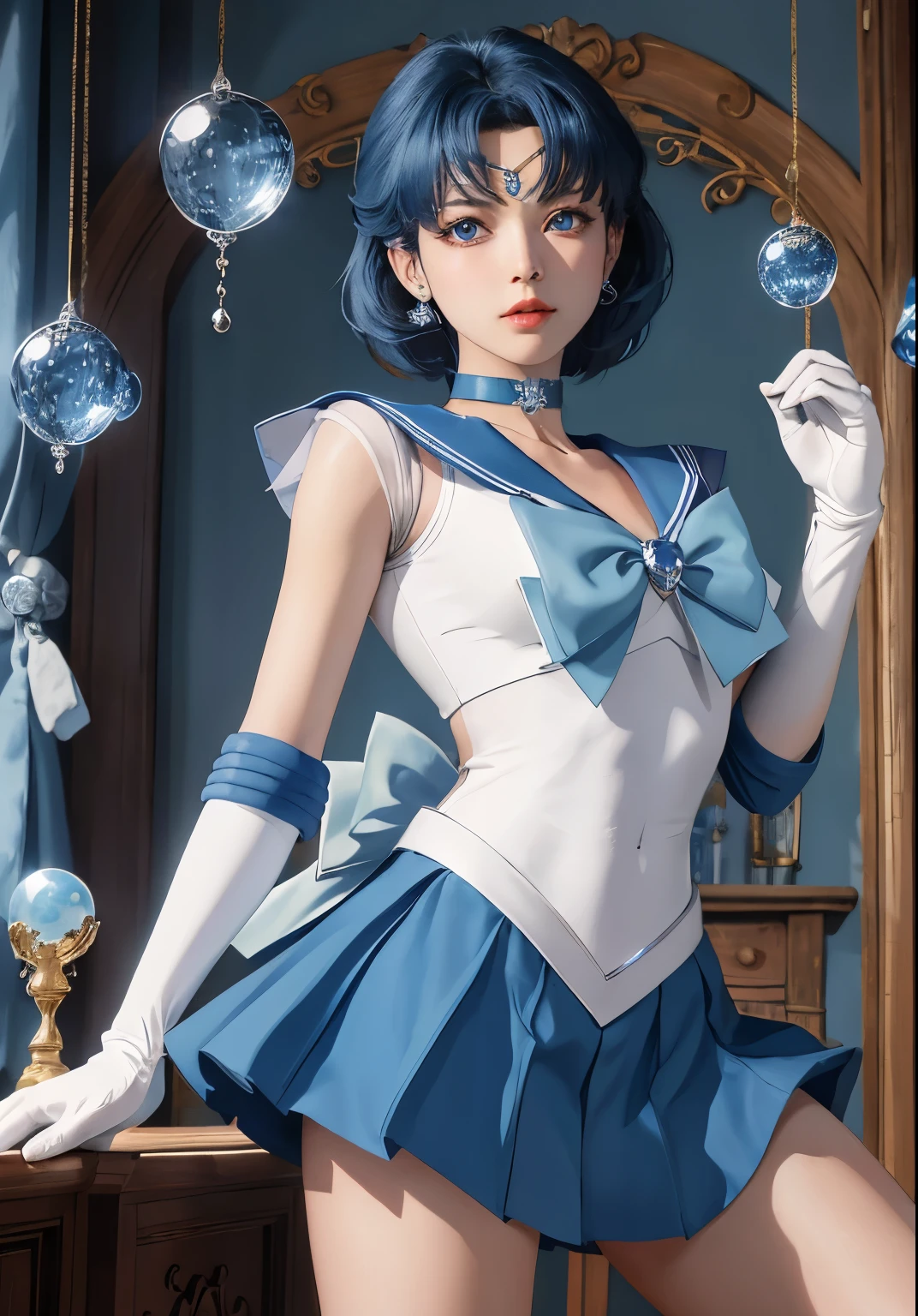 masterpiece, highest quality, High resolution, See more1, tiara, sailor warrior uniform, blue sailor collar, bow, knee boots, choker, white gloves, blue choker, elbow gloves, jewelry, earrings, blue skirt, cowboy shot, Orb, Crystal Ball,