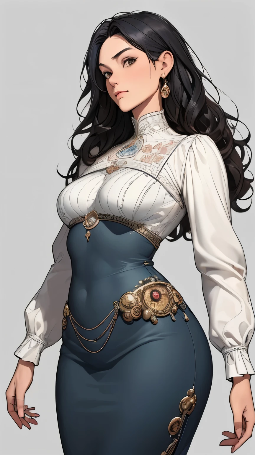 (masterpiece:1.3), (disorganized:1.3), (highest quality:1.3),(perfect anatomy:1.5),(detailed face), solo,1 middle age woman around 50 years old,(Steam Punk), (Victorian era),Hong kong,(Kowloon),horizontal angle,hands,((looking at viewer)), (Super detailed:1.3),(best shadow:0.7),saggy breast,(treated Black hair),curly hair,long hair,fine eyes, beautiful eyes, 1 mature woman, ((saggy small breast)),alone, standing, crystal earrings,closed_mouth, arm_behind_return,mermaid line dress,white dress,rest outdoors, intimidating pose,cowboy shot