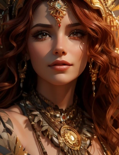 Create an image of a young woman, approximately 27 years old, presented as a superior entity or goddess from a tribal culture. The focus should be on the face, in close-up, captured at a specific oblique angle. She has light red, medium-length, slightly curly hair, adorned with delicate tribal-style tattoos that stretch across her face and neck. Furthermore, she must be adorned with tribal adornments, such as necklaces, earrings or crowns, highlighting her divine position. Her eyebrows should be finely shaped, and her eyes should be almond-shaped, light brown, expressive and medium in size. Her nose is delicate and slightly upturned, with discreet nostrils. Her lips are pink and slightly plump, showing a gentle and welcoming smile, with a subtle shine on her teeth. Her skin is clear and luminous, with a flawless, naturally radiant complexion. The expression on her face is majestic and confident, conveying a sense of power and wisdom, with a direct and engaging look. Please ensure that the generated image captures her full divinity and captivating personality, with accurate and realistic details in her physiognomy, facial expression and tribal adornments."