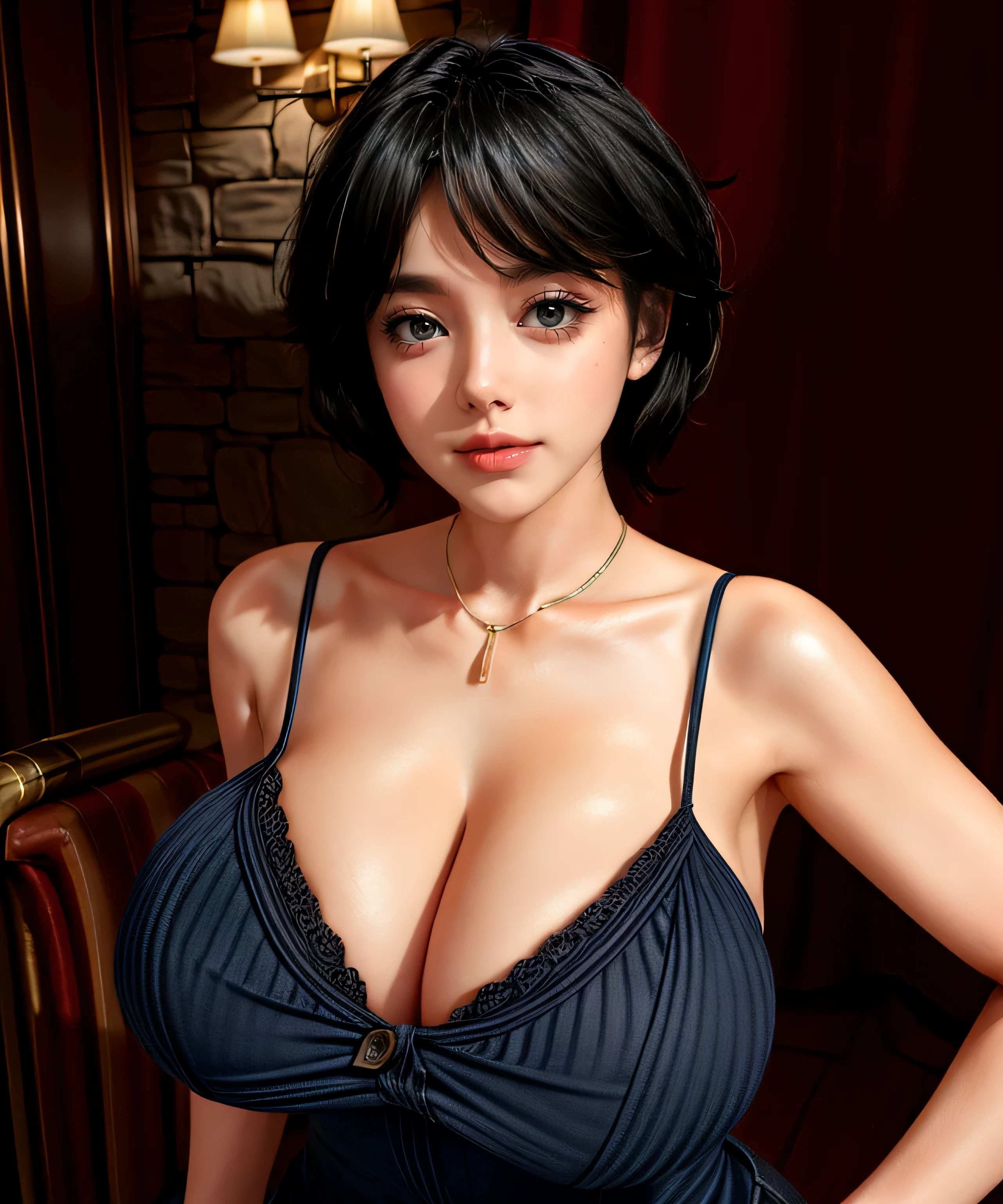 posing sexy(((whole body)))Room of Love, smiling, ((red lipstick)), ((woman in makeup)), short hair, black hair,((huge breasts,)), cleavage,)))((35 year old mature woman))((huge breasts)), extremely realistic female eye,((ojos azules))((solamente))),cuerpo perfecto,manos perfectas,cara perfecta,rostro perfecto, iperrealista, Leeds Nikon D850 Film Stock Photo 4 | Kodak Portra 400 Camera F1.6 Lens, Rich colors Ultra realistic, Realistic textures, Dramatic lighting, Unreal Engine, Trending at Art Station CineStill,
