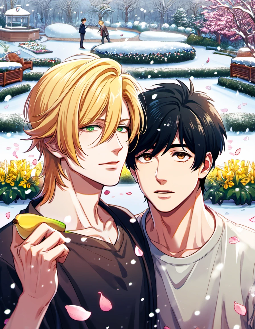 absurdres, highres, ultra detailed, HDR, master piece, best quality, Ash lynx, blond hair, hair between the eyes, expressive green eyes, Banana Fish, Okumura Eiji, black short hair with bangs, expressive brown eyes, 2men together, gay couple, handsome, petals, garden, snow, snowing