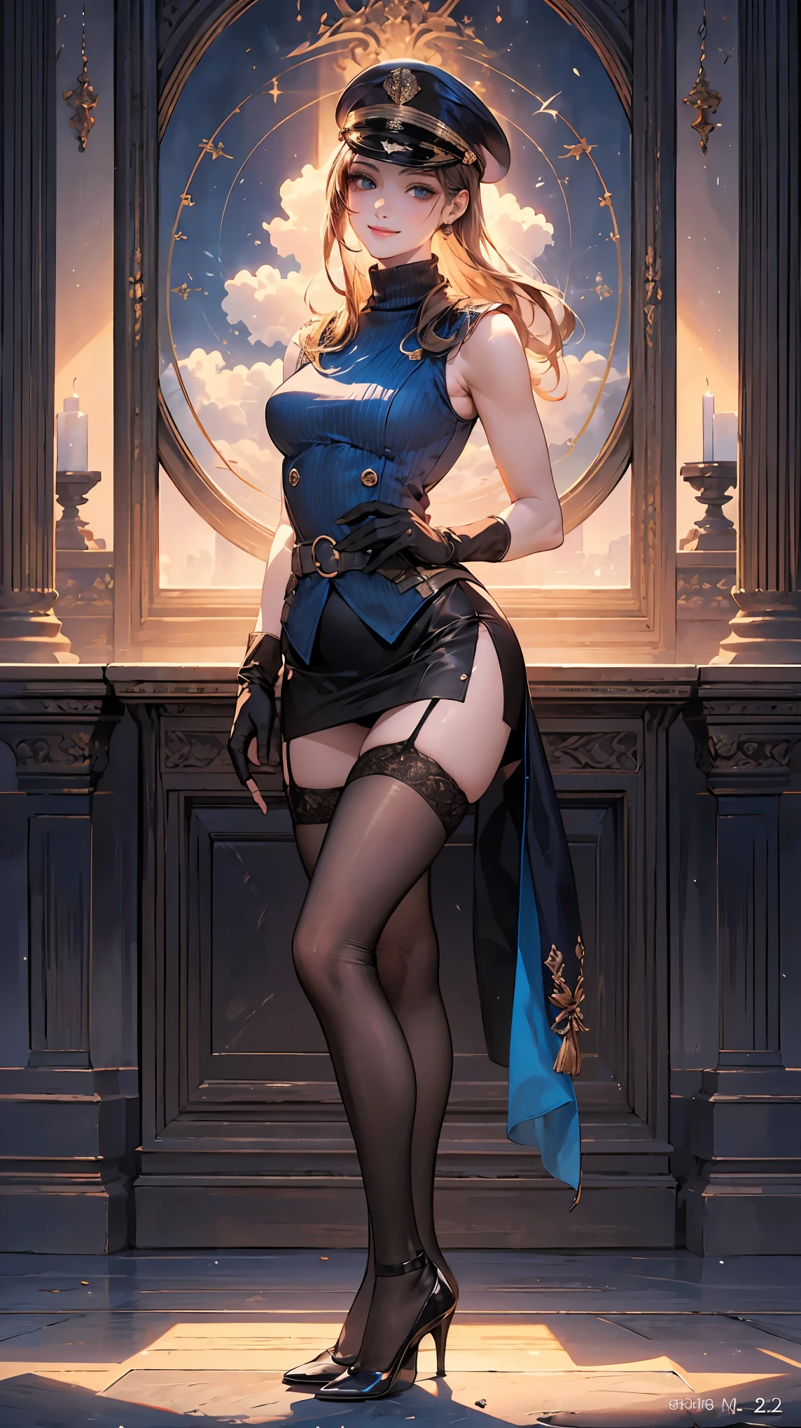 (masterpiece:1.2, highest quality), (realistic, photorealistic:1.4), beautiful illustrations, (natural side lighting, movie lighting),oking at the viewer, Upper body, (Front view), 1 girl, perfect face, Cute symmetrical face, shiny skin, baby face, long eyelashes, (medium ), (wide hips),beautiful hair, beautiful face, fine and beautiful eyes, beautiful body, beautiful breastsiful thighs, beautiful feet, beautiful fingers,(beautiful scenery:1.2),(cute smile:1.2, upper grade), body conscious, TurquoiseBlack dress, mini skirt, turtleneck, sleeveless, garter belt, stockings, thigh-highs, military cap, long gloves, high heels, sergeant rank insignia,