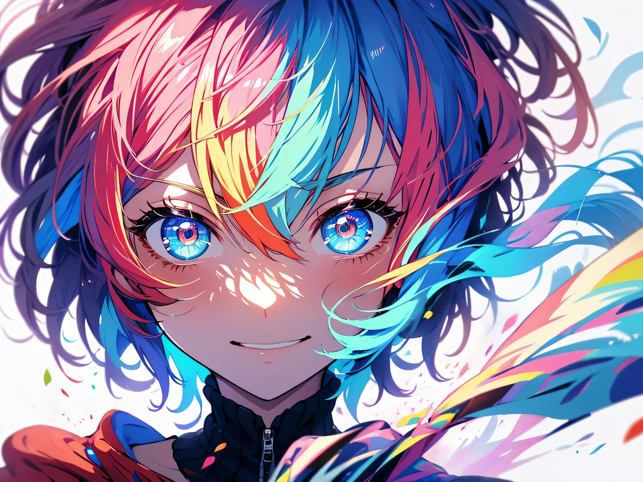 graffiti face, colorful eyes, open your mouth, yandere expression, smile, look at the audience, can'I can'I can't see my hands, pastel colour, thought, ask for help、(red hair)、short hair、bob hair、clear eyes、No expression、angry face、hair between eyes、sing、glaring