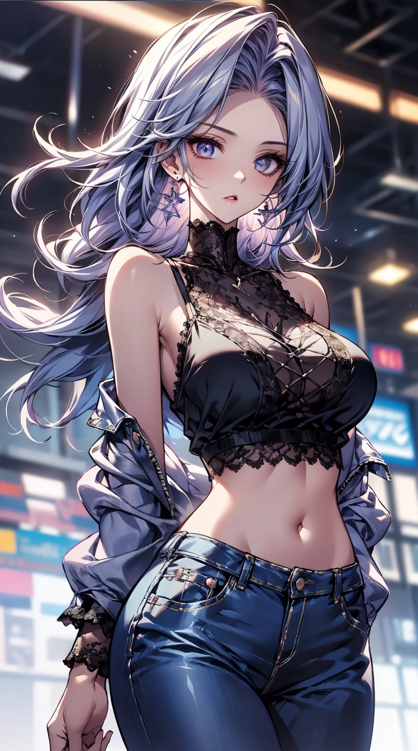 upper body photo of a beautiful woman, handling cell phone in the middle of the street, [see-through](short lace cami:1.47), fuge breast, big , (narrow waist, perfect body curve), deep Navy crashed denim, earring, sharp focus, (tall body, adult woman), ((looking at away)), (high detailed skin, skin pores:1.4), (correct anatomy:1.5, ideal ratio of body proportions:1.1),