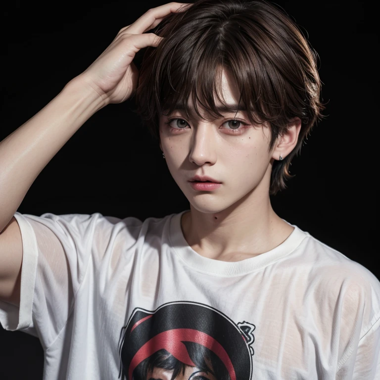Jungkook de bts con una camisa de botones negras y ojos color rojo