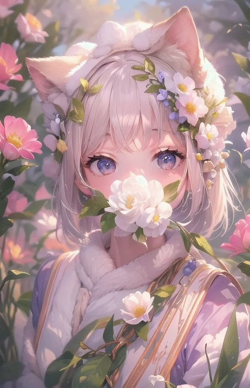 ((highest quality)), ((masterpiece)), (get used to it), perfect face , beautiful girl , Cat耳 , Cat , Lots of flowers in the background ,