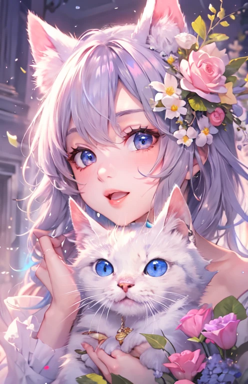 ((highest quality)), ((masterpiece)), (get used to it), perfect face , beautiful girl , Cat耳 , Cat , Lots of flowers in the background ,