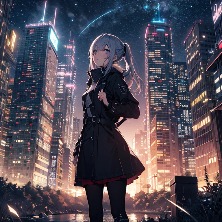 ultra detailed game CG, (High resolution:1.1),(absurderes:1.1), 1girl in, , Solo, Simple Anime, nightcity, Overlooking the night view from a height