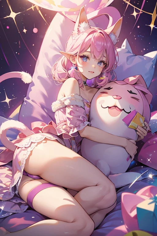 She is a pink cat-shaped piñata, she has purple and dark pink details on her ears, tail and legs, she has a rattle on the neck, her eyes are yellow, and she has light blue strips on the whiskers, eyelashes and ears. SPARKLE; GLITTER