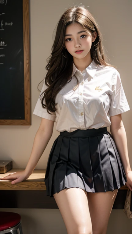 女の子 1 人、Mix 4、Button shirt under the collar、very large breast:2.0、s lips、Opening Mouth、realisitic、a picture_\(Curly\)、独奏、(masterpiece)、(Photorealsitic:1.3)、ultra-detailliert、(high detal)The skin:1.2)、(top-quality:1.0)、(超A high resolution:1.0)、(Orchan-6500:0.3)、Wavy detailed hair、length hair、rays of sunshine、(Beautiful detailed makeup)、(sexual excitement、red blush、Rough breathing:1.0) )、(Classroom、chalk board)、thighs thighs thighs thighs、Absolute Area、Long knee-high socks、pleatedskirt