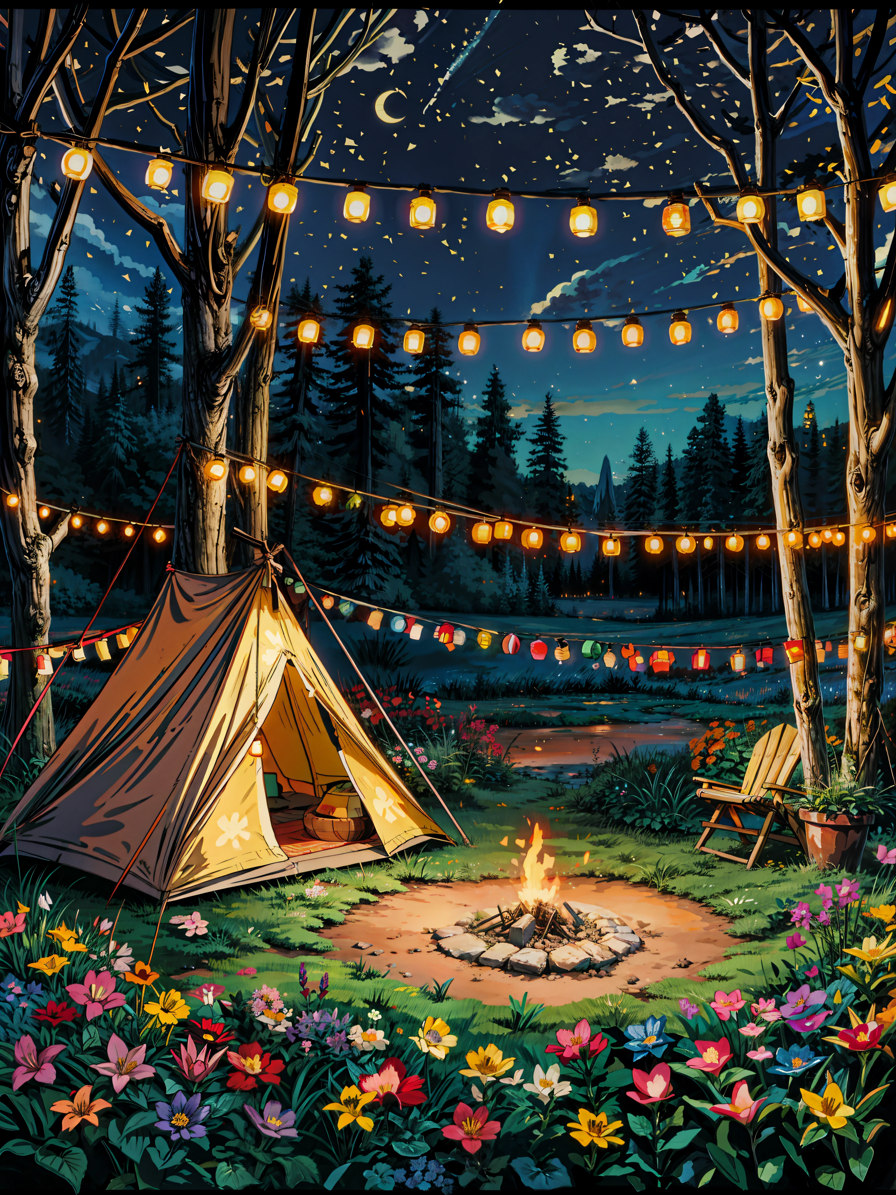 painting of a tent set up in the middle of a field, night outdoors, colorful, saturated, multicolored flowers, cozy night fireflies, outdoors lighting, soft outdoor light, outdoors setting, cosy enchanted scene, string lights, outdoors at night, outdoor lighting, under the stars, romantic ambiente, cinematic outdoor lighting, cozy and peaceful atmosphere, warm summer nights, warm lantern lighting, comfy ambience