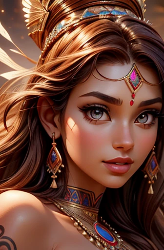 Create an image of a young woman, approximately 27 years old, presented as a superior entity or goddess from a tribal culture. The focus should be on the face, in close-up, captured at a specific oblique angle. She has light red, medium-length, slightly curly hair, adorned with delicate tribal-style tattoos that stretch across her face and neck. Furthermore, she must be adorned with tribal adornments, such as necklaces, earrings or crowns, highlighting her divine position. Her eyebrows should be finely shaped, and her eyes should be almond-shaped, light brown, expressive and medium in size. Her nose is delicate and slightly upturned, with discreet nostrils. Her lips are pink and slightly plump, showing a gentle and welcoming smile, with a subtle shine on her teeth. Her skin is clear and luminous, with a flawless, naturally radiant complexion. The expression on her face is majestic and confident, conveying a sense of power and wisdom, with a direct and engaging look. Please ensure that the generated image captures her full divinity and captivating personality, with accurate and realistic details in her physiognomy, facial expression and tribal adornments."