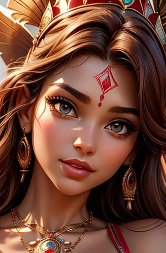 Create an image of a young woman, approximately 27 years old, presented as a superior entity or goddess from a tribal culture. The focus should be on the face, in close-up, captured at a specific oblique angle. She has light red, medium-length, slightly curly hair, adorned with delicate tribal-style tattoos that stretch across her face and neck. Furthermore, she must be adorned with tribal adornments, such as necklaces, earrings or crowns, highlighting her divine position. Her eyebrows should be finely shaped, and her eyes should be almond-shaped, light brown, expressive and medium in size. Her nose is delicate and slightly upturned, with discreet nostrils. Her lips are pink and slightly plump, showing a gentle and welcoming smile, with a subtle shine on her teeth. Her skin is clear and luminous, with a flawless, naturally radiant complexion. The expression on her face is majestic and confident, conveying a sense of power and wisdom, with a direct and engaging look. Please ensure that the generated image captures her full divinity and captivating personality, with accurate and realistic details in her physiognomy, facial expression and tribal adornments."