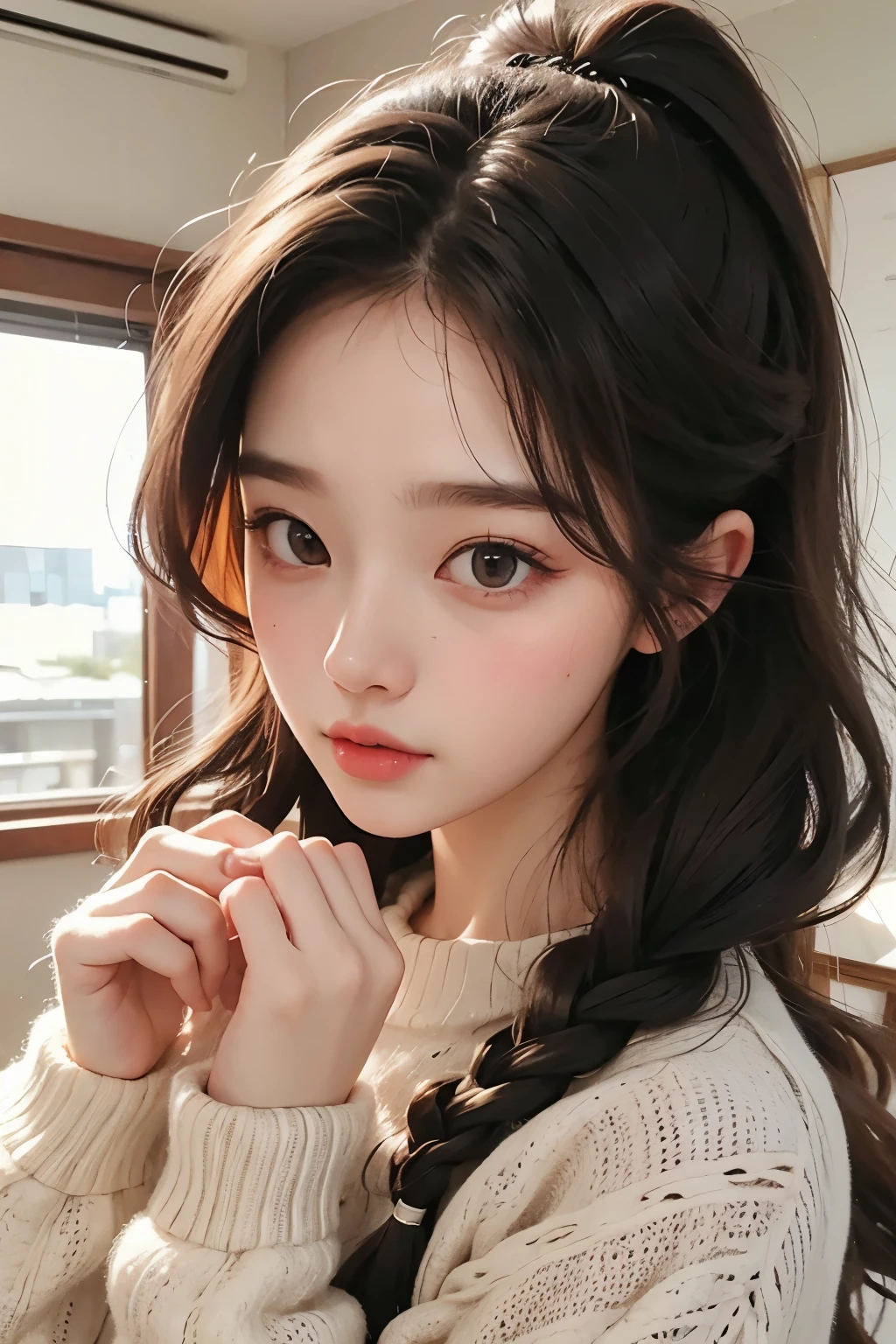 masterpiece, best quality, 8 thousand, 24 years old, photo beast, absurd, award-winning portraits, pure, korean beauty, spring, A colorful and stylish room, laces, cute, right, healthy, Beloved, perfect hands, Innocent Girl, fluttering hair, Random Actions, 무작위 clothes, (clothes:random multi color), Popular hairstyles in Korea,