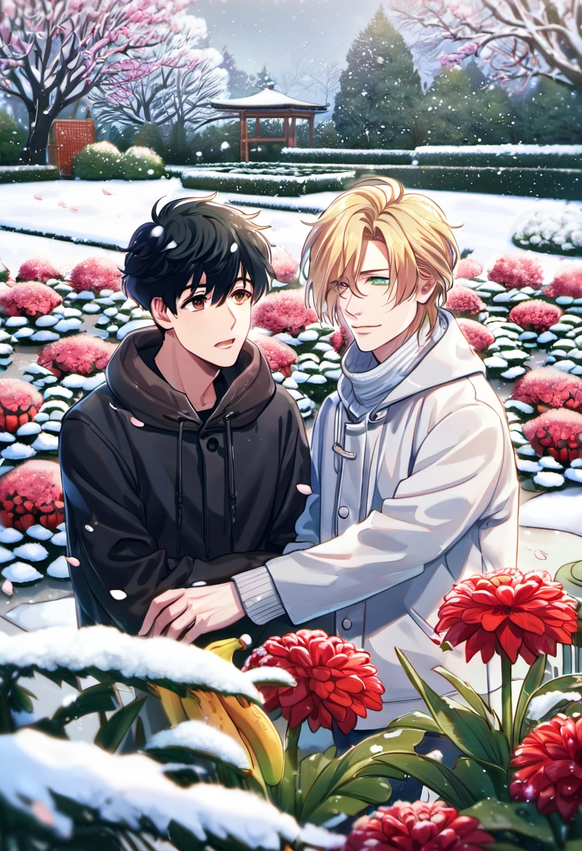 absurdres, highres, ultra detailed, HDR, master piece, best quality, Ash lynx, blond hair, hair between the eyes, expressive green eyes, Banana Fish, Okumura Eiji, black short hair with bangs, expressive brown eyes, 2men together, gay couple, handsome, petals, garden, snow, snowing