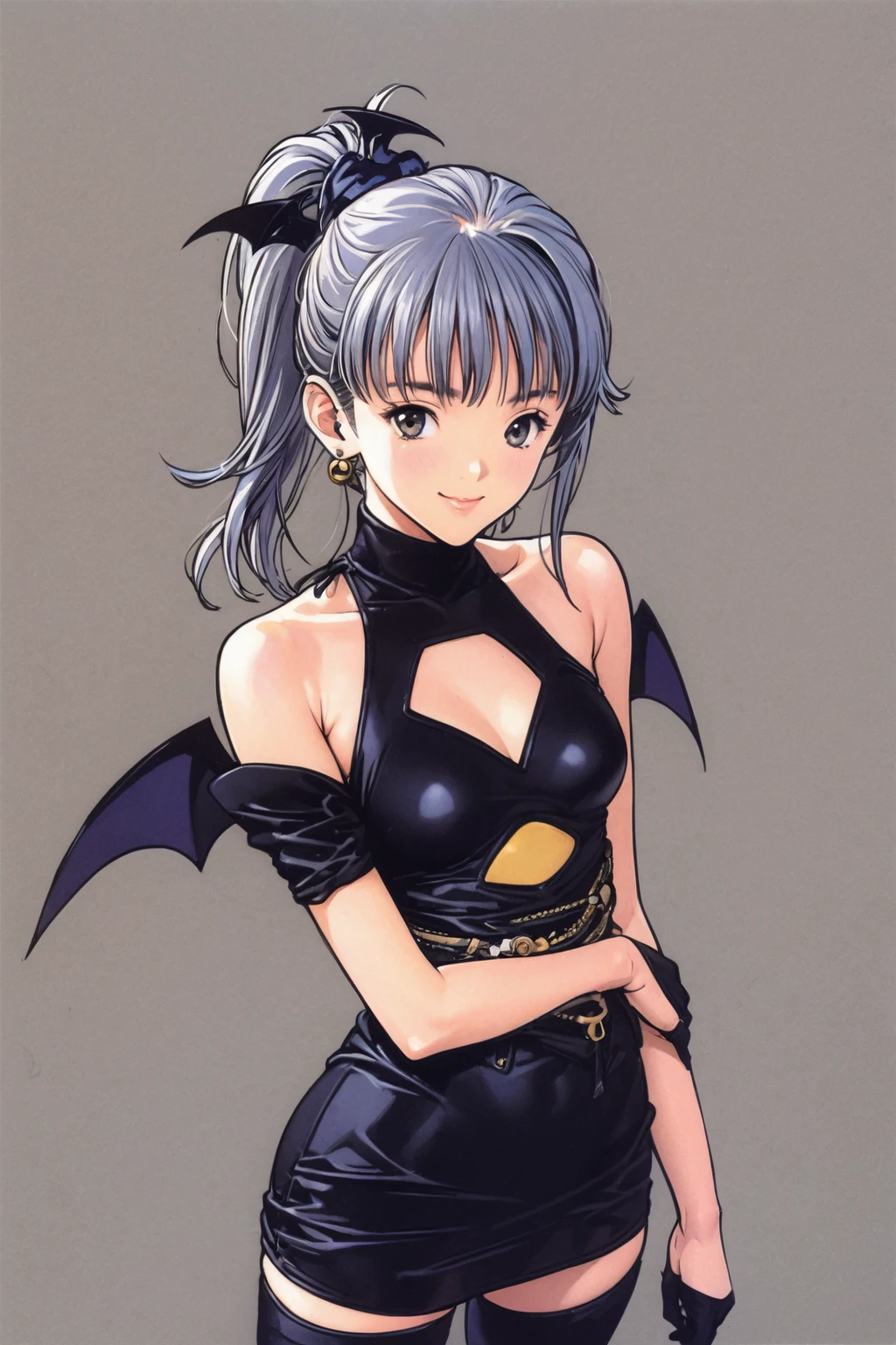 1 girl,alone,wing,jewelry,gloves,dress,Thighhighs,earrings,elbow gloves,black dress,short dress,put your hand on your waist,clothing clippings,chestの谷間カットアウト,black Thighhighs,bare shoulders,chest,black gloves,smile,looking at the viewer,shiny clothes,No sleeve,No sleeve dress,turtleneck,simple background,cowboy shot,bangs,bat wing,zettai ryouiki,shiny,yellow background,ponytail,closed mouth,gray eyes,Are standing,contrasting,gray hair,hair ornaments,,