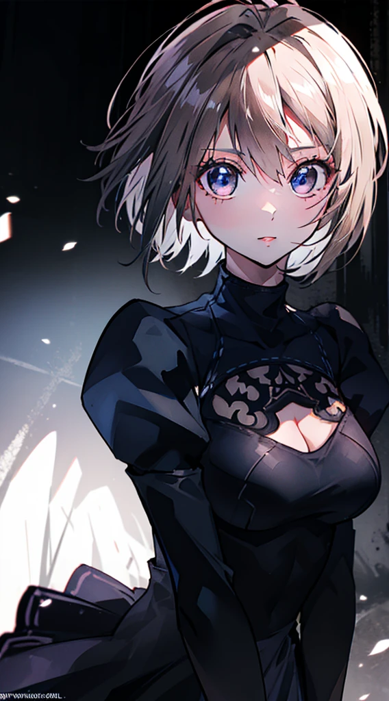 (masterpiece:1.3), top quality, official art, super detailed, looking at viewer, face focus, close up, 1girl, 18 years old, elegant black dress, frill skirt, gloves, beautiful hair, bangs, white hair, short hair, blue eyes, beautiful eyes highlights, pale pink lips, long eyelashes, beautiful skin, lush skin, knee high boots, backlit, cinematic lighting, big , melancholy face, simple black catsuit, hair blowing in the wind