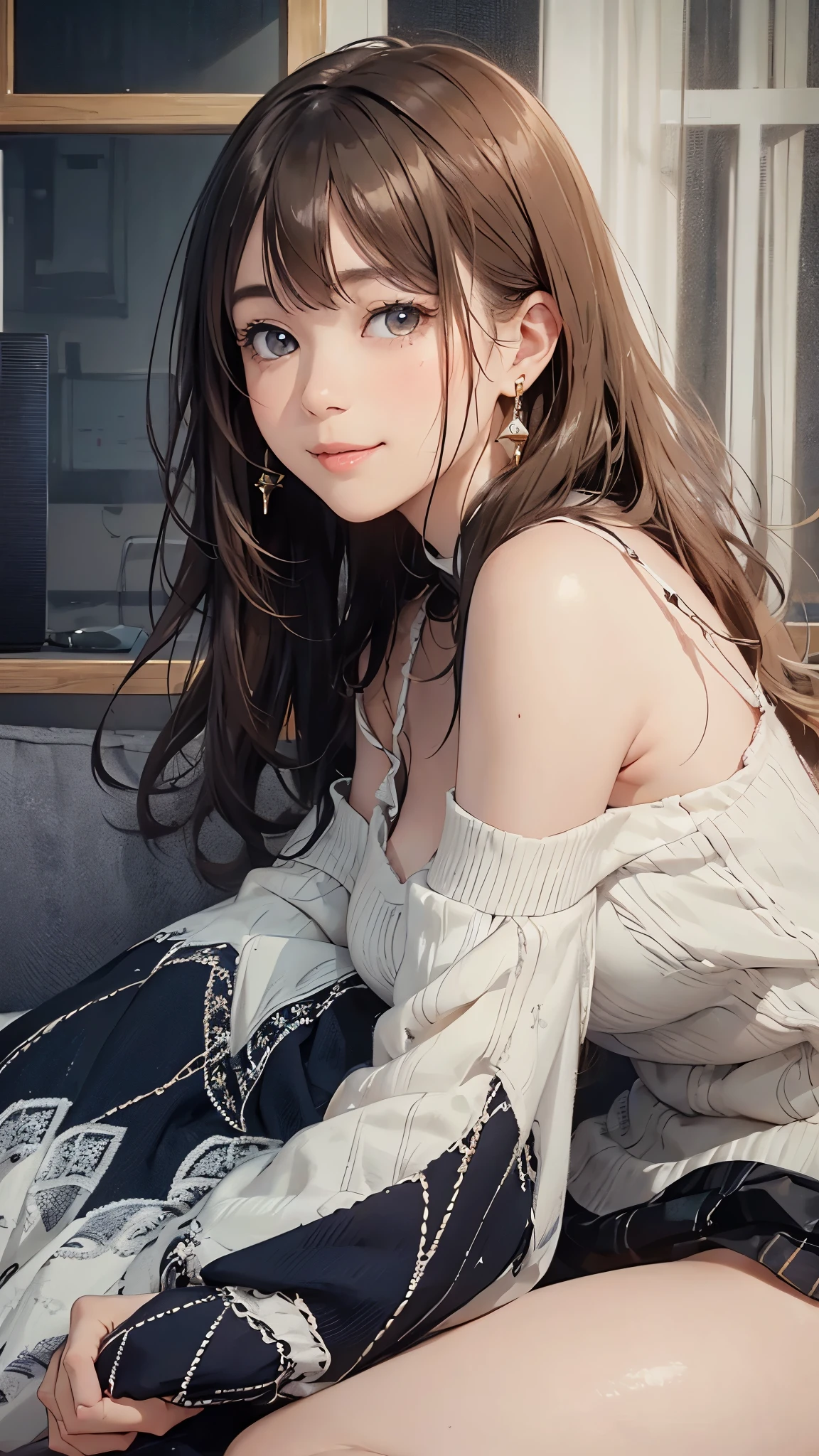 (on the table: 1.3), (maximum resolution: 1.2), (ultra high definition tv: 1.2), movie lighting, ultra high definition tv, (delicate eyes and skin), (detailed facial features), North African Free Trade Area, 8K resolution, sharp focus: 1.2, perfect style, cute face, perfect body, Accurate, anatomically correct, Highly detailed face and skin texture, delicate eyes, dark blue eyes, double eyelid, thin eyebrows, glitter eyeliner: 1.2, natural cheeks, shiny skin, white skin: 1.2, sparkly necklace and earrings, (glossy lips: 1.4), rest, one person'perspective, (She is a very cute female teacher...), (white lace), (smile: 1.2), ((innocent and cute girl:1.3)), (long wavy hair), (light brown hair:1.2), (cowboy shooting: 1.2), rest, ((very close relationship: 1.2)), moderately, ((looking at the audience:1.2)), ((Woman on the couch'my room:1.2)), ((please bend your knees:1.2)), (From the side:1.2),low angle shot sleeveless knit sweater embarrassed look one personで寝る'Came back((((masturbation behavior))))
