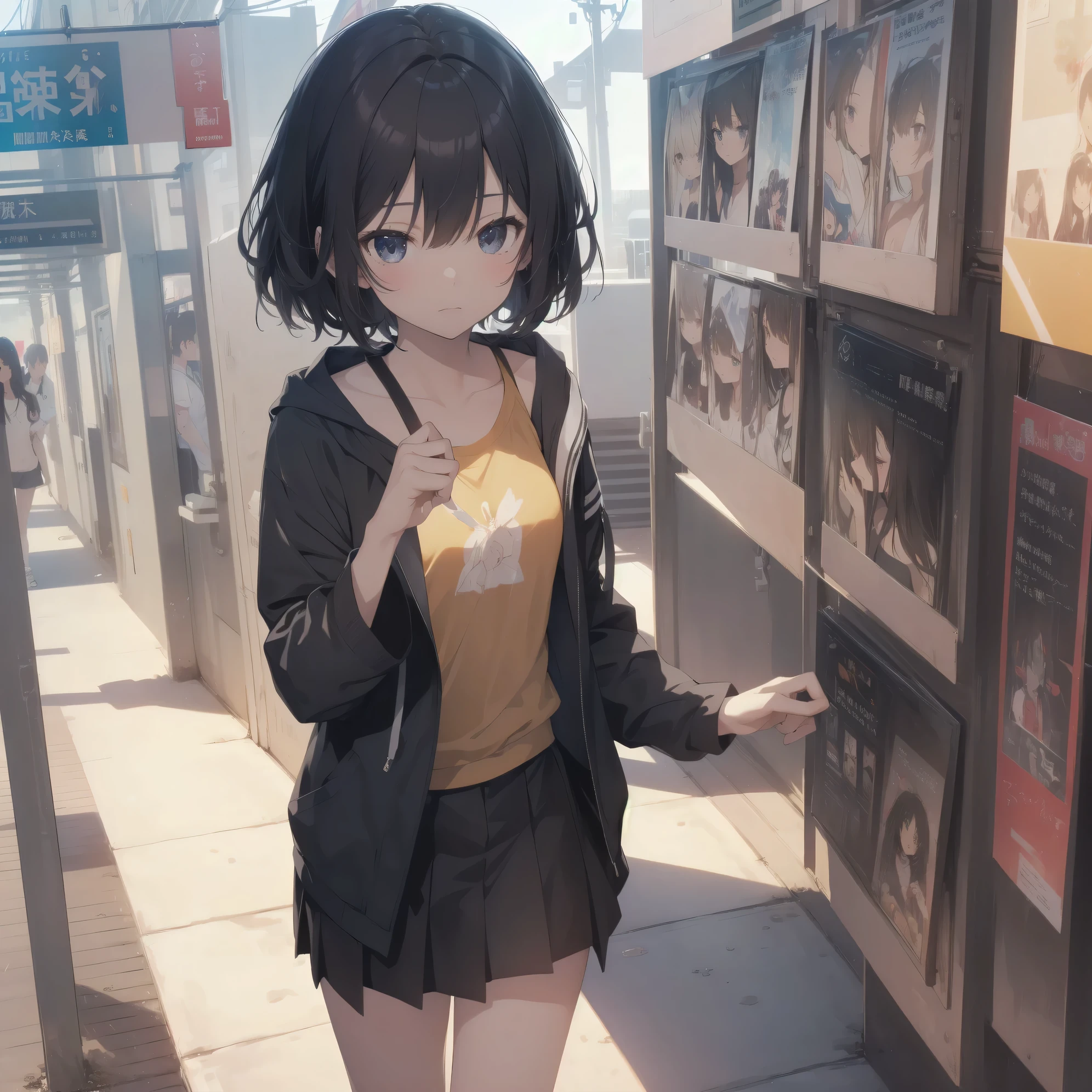 ultra-absurdres-Top quality by artist God, ultra-detailed, high resolution, anime moe artstyle, best anime 8k konachan wallpaper, pixiv contest winner,pool:2810, perfect anatomy,break, 1girl, (Please draw a girl walking sleepily to school alone. )break,(Solo,little female, 13-year-old:1.3),Full limbs, complete fingers,a junior high school student, (very short hair), short cut, flat chest, , small butt, small black eyes, beautiful detailed eyes, well-proportioned iris and pupils, expressive eyes, highres detailed hair, soft expression, school_uniform, official_alternate_costume, pleated skirt,(Detailed Lighting), (Detailed background), in the School commute route. break,super detailed skin, Best cinematic lighting powered by famous artist, 8k,beauty illustration,photoshop_(medium),very aesthetic,break,((artist:yaegashi_nan )), artist:akinashi yuu ,artist:oyari ashito ,artist:kantoku ,
