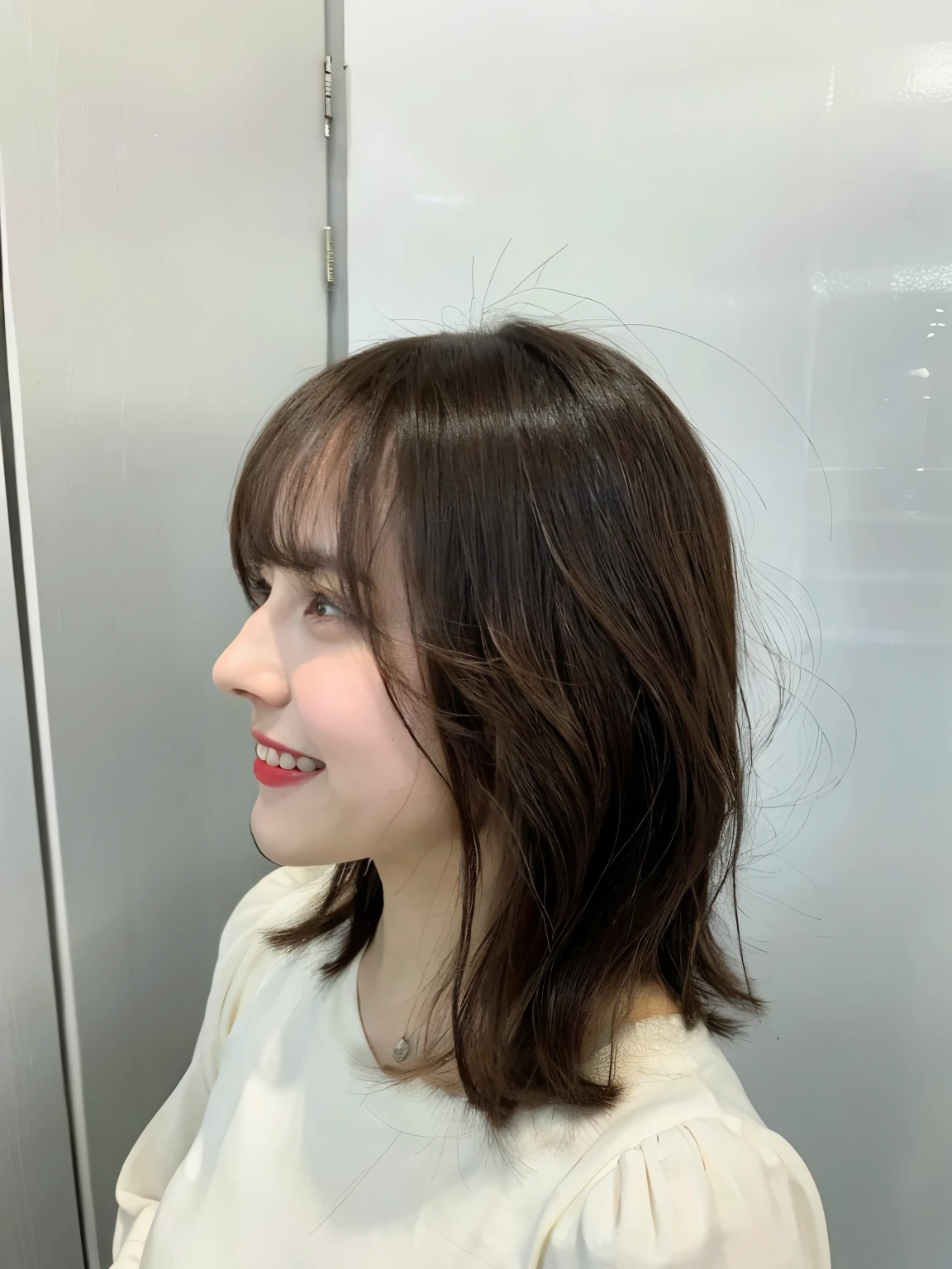 table top、(8K、Raw photo、highest quality、masterpiece:1.2)、face down、look down、white wall、Taken in front of the white door、Light orange long sleeve dress Beautiful shiny hair、High-definition RAW color photo、professional photos、(realistic、photo realistic:1.37)、Photographed in natural light、1 girl、laughter、いろいろpose、break (Ombre:1.3) 、spring clothes、simple necklace、(Beautiful profile:1.3)、Don'don't look at the camera、profile、((Hair color is dark brown))、shortcut、short hair、short hair、fluffy hair、Mr.々pose