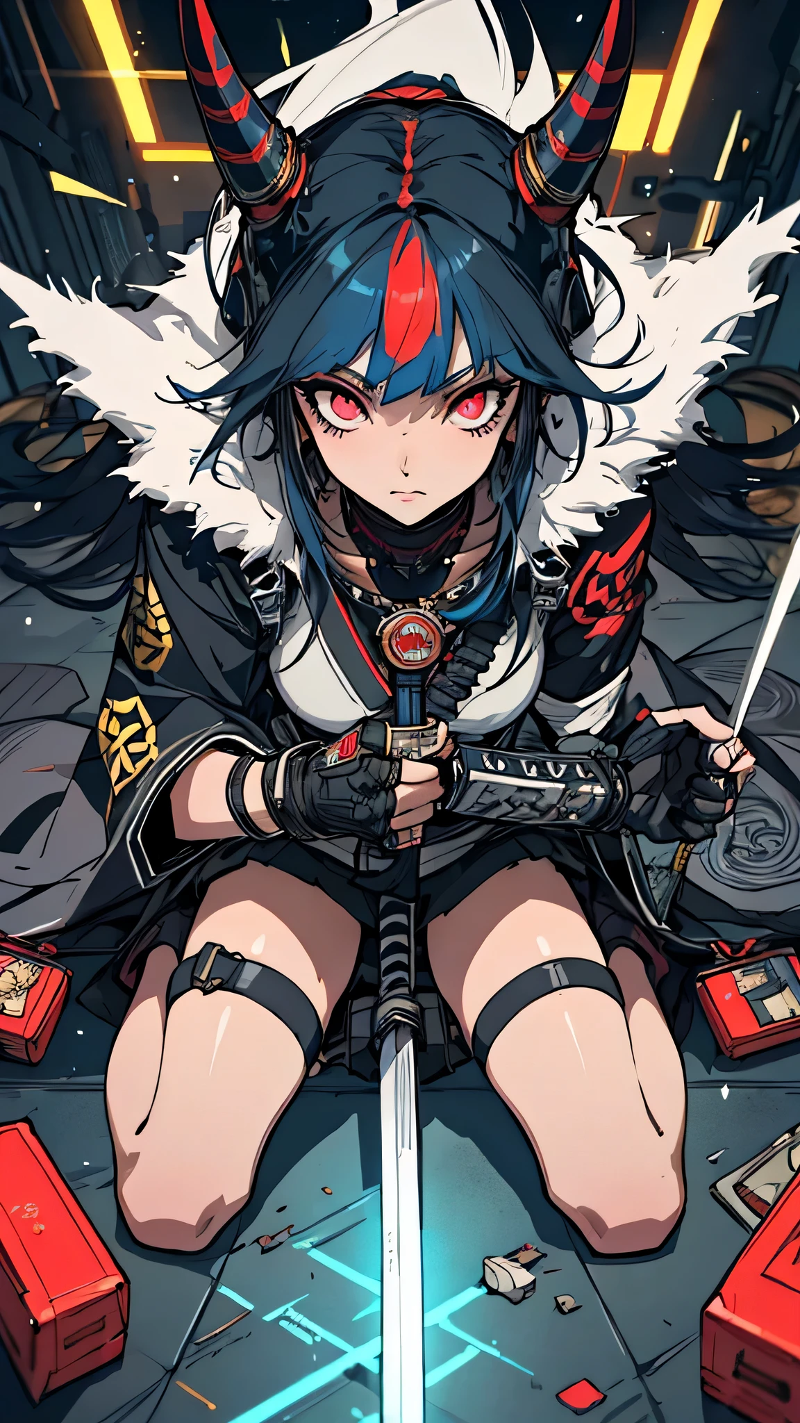 Anime version of a woman kneeling down with a sword in her hand, very beautiful cyberpunk samurai, anime cyberpunk art, cyberpunk samurai, cyberpunk anime art, anime cyberpunk, cgsociety 9, digital cyberpunk anime art, style of maciej kuciara.1girl, samurai armor, helmet oni evil mask,intricate, ornaments detailed, cold colors, metal, egypician detail, highly intricate details, light, trending on cgsociety, glowing eyes, facing camera, neon details, ultra details, portrait full body, japanese atmosphere, global illumination, shadows, octane render, 8k, ultra sharp.cool lolita.