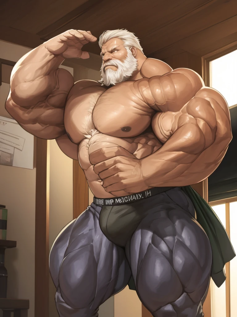 Wide medium shots, ground level camera shot, (best quality, 4k,8k, highres, masterpiece:1.2), ultra-d etailed, (realistic,photorealistic,photo-realistic:1.37).,((hyper muscular)) old man showing strong muscle in podium, black underpants , hyper muscle, hyper pectoral, hyper bicep, hyper arms, bulge, white and short hair, super thick arms, super big pectoral, super wide pectoral, topless, shirtless.