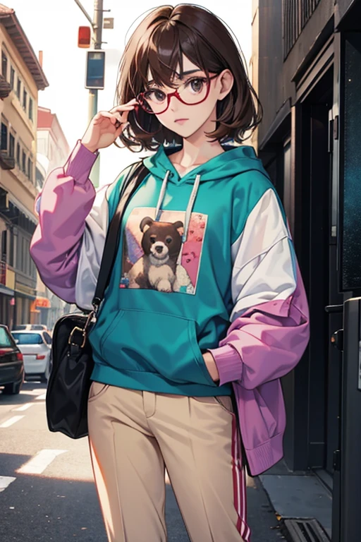 Chloe with black eyes and short dark brown hair with bangs. She wears maroon glasses and a pale teal blue hoodie sweatshirt with an orchid purple t-shirt underneath, as well as pale brown pants with folded cuffs, white socks, and persimmon-red sneakers. She is usually seen with a yellow backpack similar to the one the Bears own, which holds her personal possessions. SPARKLE; GLITTER