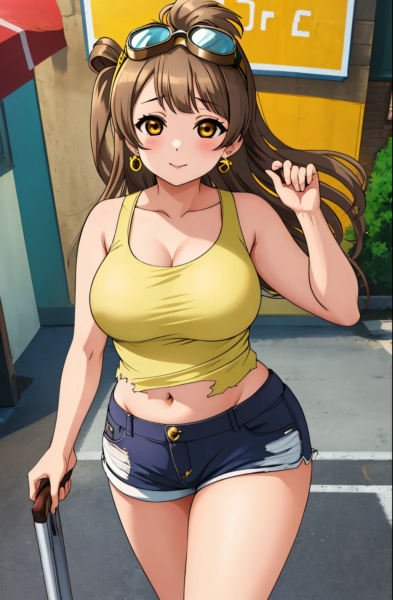 Masterpiece, best quality,solo, (cowboy shot), minami kotori, curvy body, torn white tank top, brown short shorts,goggles on head, ,earrings, fortune , slightly exposed midriff 