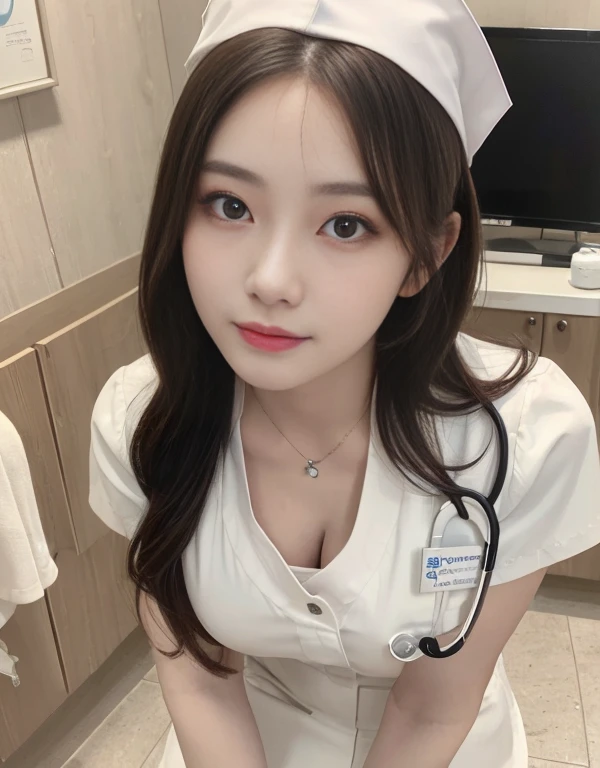 ulzzang-6500-v1.1,(masterpiece, highest quality:1.3), (Ultra-detailed 8K:1.2), (hyperrealistic:1.35),(Raw photo:1.2),highest quality, High resolution, wallpaper, realistic, (dramatic, Realistic painting art by Midjourney:1.3) BREAK (1 nurse, 20yo, white nurse uniform、Basic Nurse Cap,short white tight skirt:1.3), super beautiful, beautiful skin, beautiful and detailed eyes, detailed face, Perfect style,Photo seen diagonally from above,Take a photo from above,Look at me with a smile,looking at camera,look at the camera,Treatment room in a hospital room,Take photos from up close to her,big breasts,very detailed face、Put the stethoscope around your neck,double eyelid、White and clean teeth,brown eyes,chest strengthening,emphasize body line,smile at me lovingly、beautiful lips,glossy lips,white teeth, BREAK Detailed background of the hospital room,perfect lighting、Natural light,natural soft light