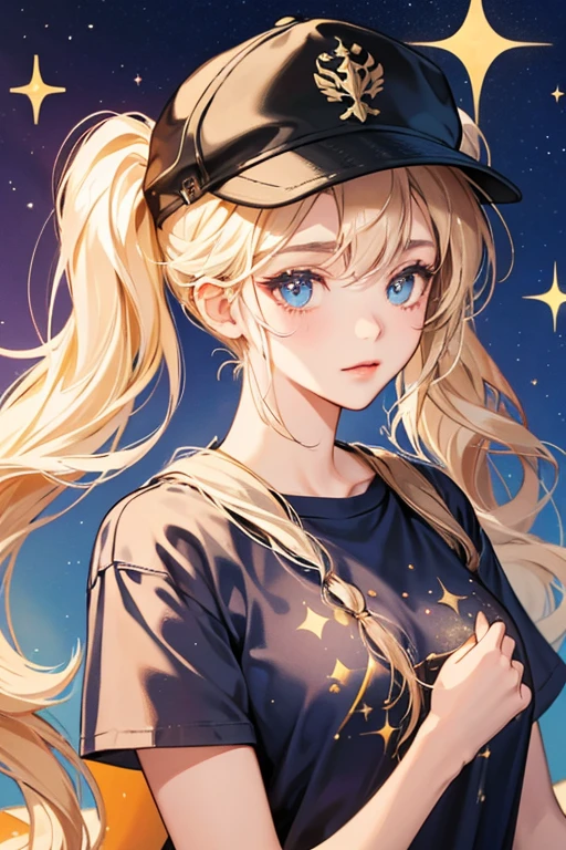 She wears a t-shirt with the number of 6. Her hair is dark blonde with pigtails and a hat and a icon of a unicorn. SPARKLE; GLITTER
