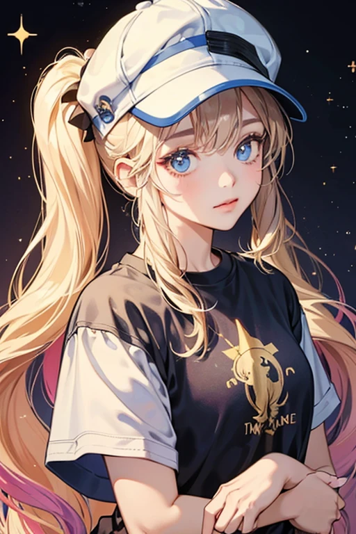 She wears a t-shirt with the number of 6. Her hair is dark blonde with pigtails and a hat and a icon of a unicorn. SPARKLE; GLITTER