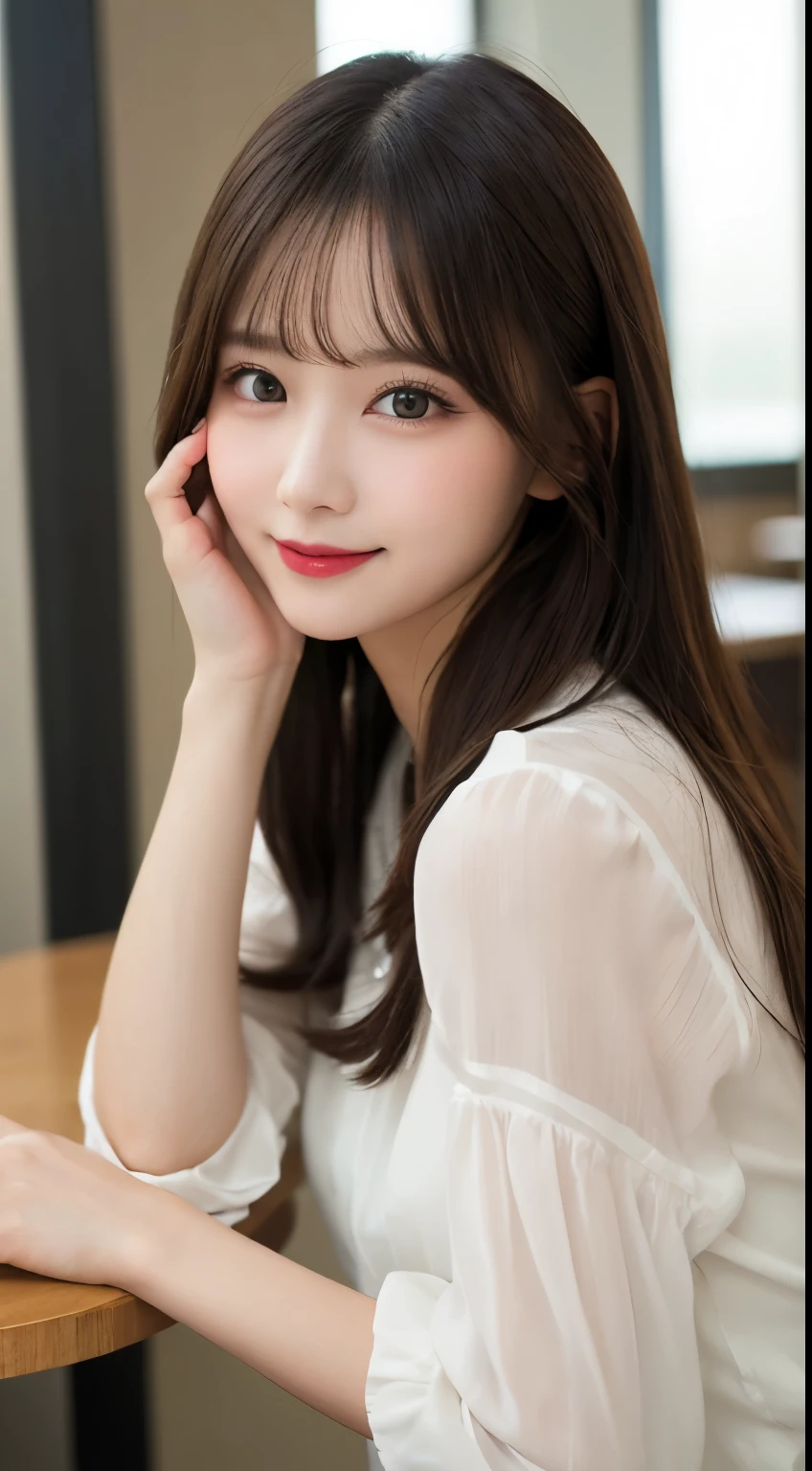 table top, highest quality, shape, Super detailed, finely, High resolution, 8k wallpaper, 完璧なダイナミックな構shape, beautiful and detailed eyes,ランダムなcute髪,,natural color lip, bold sexy pose,smile、20 year old girl、cute、look at the camera,perfect and beautiful face,slim face and style,Big eyes、Do gal makeup,small face、smile,Sheer White Blouse、flare skirt、blurred background