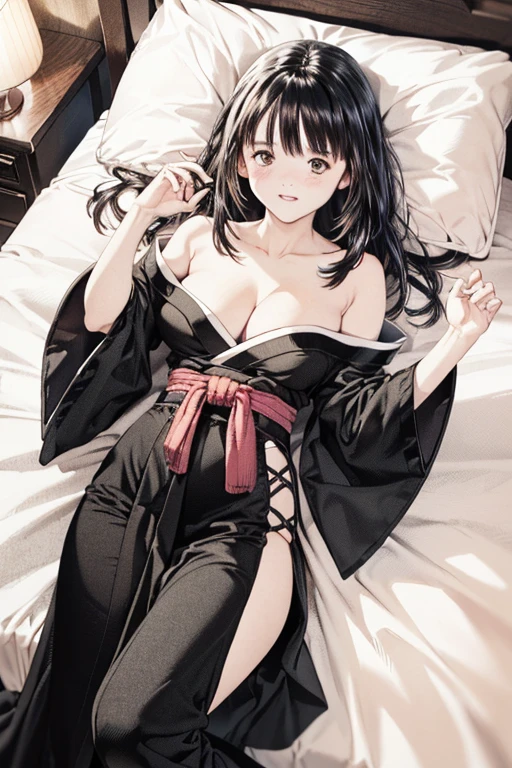 (8K、top-quality、​masterpiece:1.2)、(realisitic、ultra-detailliert、超A high resolution、1 girl、see the beholder、beautifull detailed face,((lying on bed,on back)),at night ,layered hair,long black hair,full-face blush、Constriction、(Slim waist) :1.3)、cleavage、Beautiful detailed skin、Skin Texture、Floating hair、Professional Lighting、in my bedroom,(Whole human body:1.0),long shot,Kimono dress,off shoulder,winking,wearing random colar,full-face blush