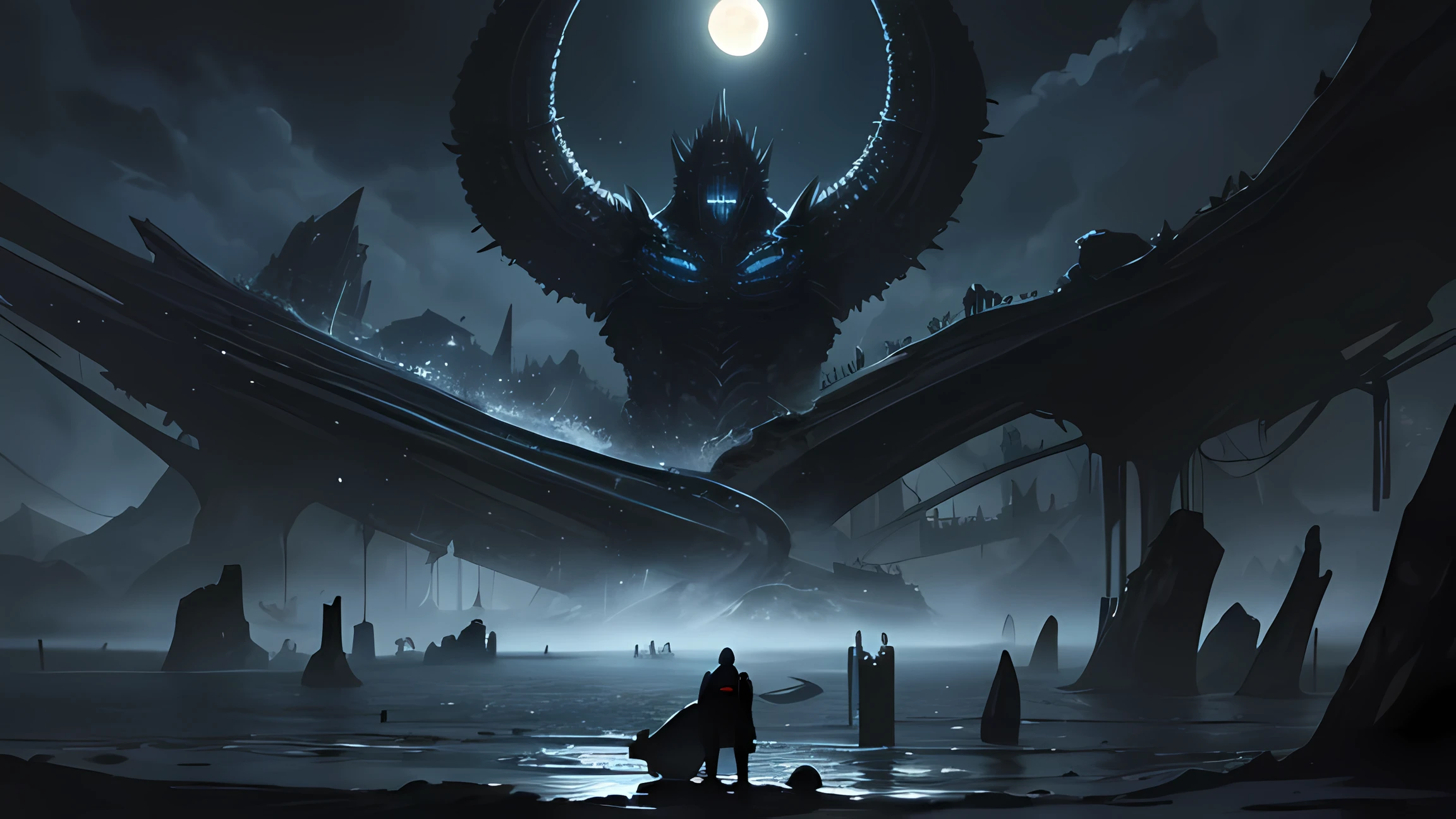 Imagen arafeada de un hombre parado en el agua con una mano gigante en el fondo., Arte oscuro surrealista, Sol negro, con soles negros en el cielo, dramatic work of art, Arte surrealista oscuro, eclipse, Eclipse eterno, Arte oscuro altamente detallado, enorme y gigantesco sol negro, art album, por Kristian Kreković, Sol oscuro, a sinister fantasy illustration