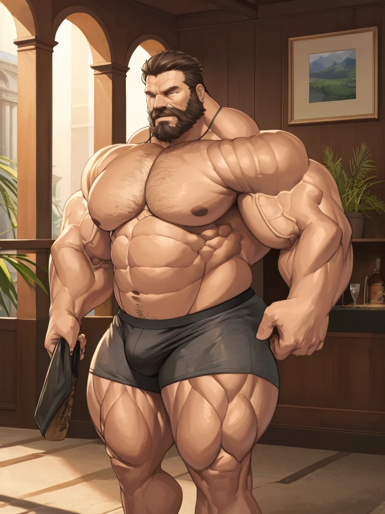 Wide medium shots, ground level camera shot, (best quality, 4k,8k, highres, masterpiece:1.2), ultra-d etailed, (realistic,photorealistic,photo-realistic:1.37).,((hyper muscular)) old man showing strong muscle in podium, black underpants , hyper muscle, hyper pectoral, hyper bicep, hyper arms, bulge, white and short hair, super thick arms, super big pectoral, super wide pectoral, topless, shirtless.
