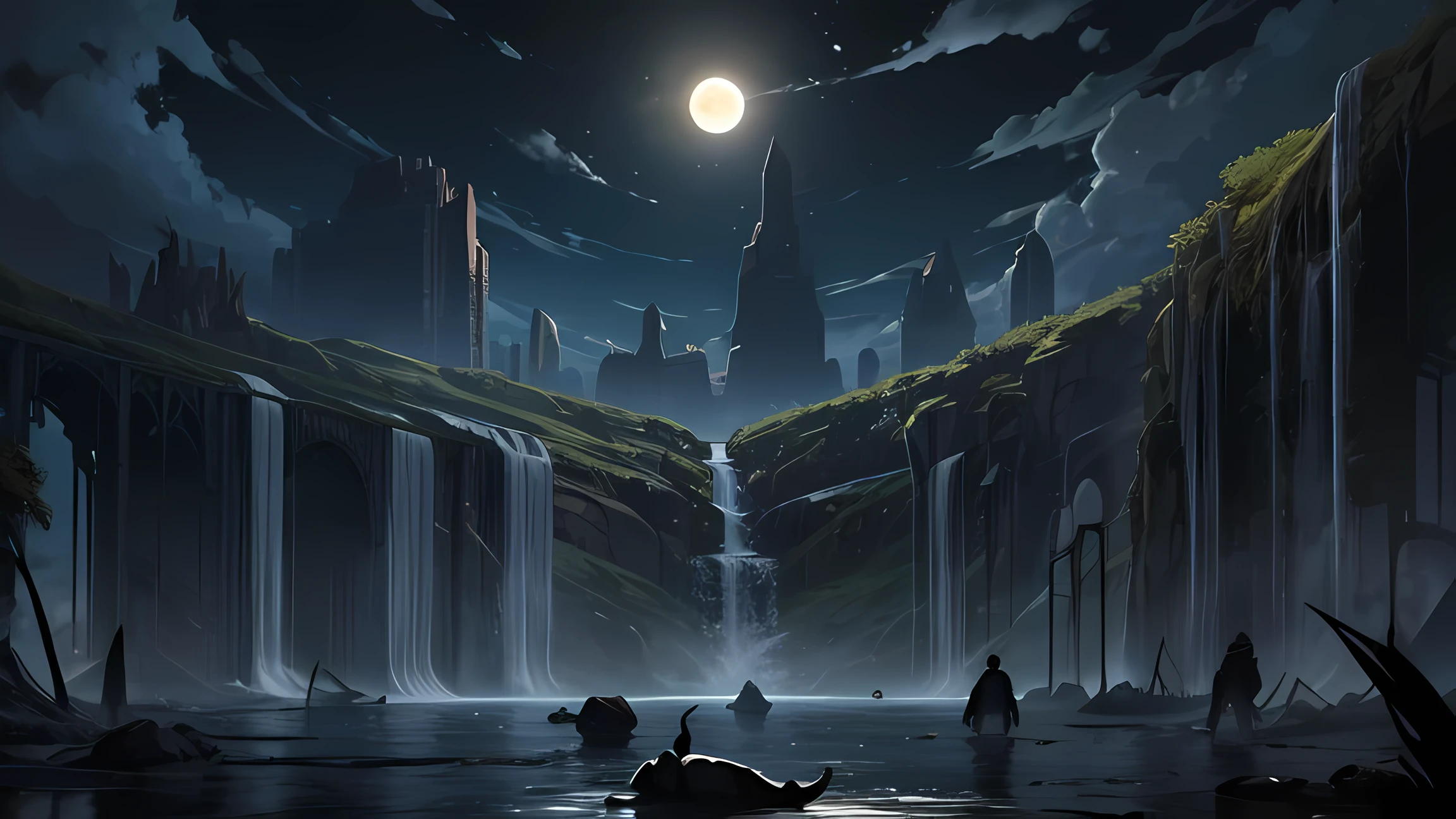 Imagen arafeada de un hombre parado en el agua con una mano gigante en el fondo., Arte oscuro surrealista, Sol negro, con soles negros en el cielo, dramatic work of art, Arte surrealista oscuro, eclipse, Eclipse eterno, Arte oscuro altamente detallado, enorme y gigantesco sol negro, art album, por Kristian Kreković, Sol oscuro, a sinister fantasy illustration