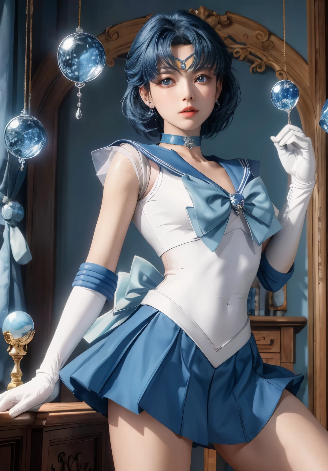 masterpiece, highest quality, High resolution, See more1, tiara, sailor warrior uniform, blue sailor collar, bow, knee boots, choker, white gloves, blue choker, elbow gloves, jewelry, earrings, blue skirt, cowboy shot, Orb, Crystal Ball, 